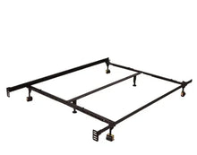 Black metal bed frame with levelling legs and support bars