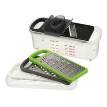 Compact grate and slice set in clear box with green grater plate and black slicer