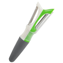 Dual-sided peeler with twin blades, green and white head and gray handle