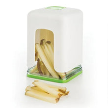 White French fry cutter container with green base and potato fries inside