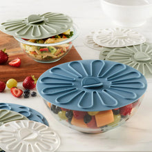 Silicone food storage lids set, blue and white covers on glass bowls