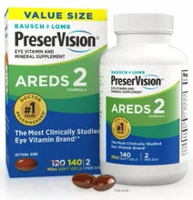 AREDS 2 eye vitamin supplement bottle and box, 140 mini softgels