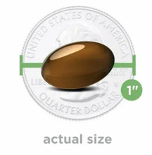 AREDS 2 mini softgel actual size next to 1 inch quarter dollar