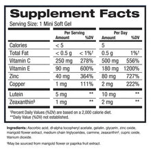 Supplement Facts panel with serving size and vitamin C, E, zinc, copper amounts
