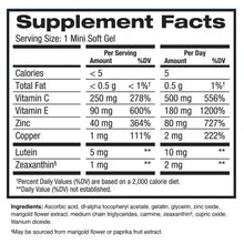 Supplement Facts panel for mini soft gel with vitamins C, E, zinc, copper
