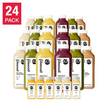 Pressed Juicery 24-pack juice cleanse bottles, mixed green, yellow, and purple with caps