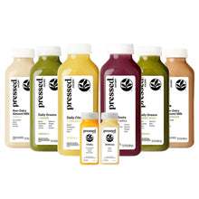 Pressed Juicery juice cleanse bottles, assorted colors with screw caps, 24-pack shown