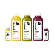 Pressed juice variety pack with 3 large bottles and 2 small shots, assorted labels