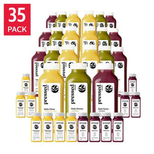Pressed juice variety pack with 35 bottles and shots, assorted colors and labels