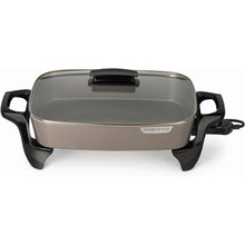 Grey ceramic electric skillet with lid and black side handles
