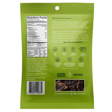 Smoked grass-fed beef jerky bag back with nutrition facts and ingredients panel