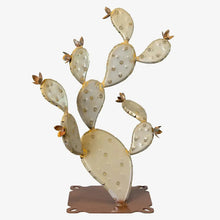 Prickly pear cactus metal sculpture, light beige pads with rust-brown spines and round base.