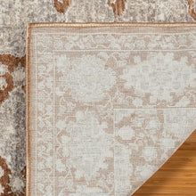 Area rug corner close-up with cream field, rust accents, and textured border trim.