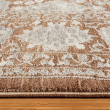 Area rug close-up texture with rust and gray distressed pattern over cream base.
