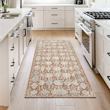 Area rug runner with repeating ornate pattern, light gray with rust accents, flat weave