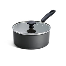 3-quart covered nonstick sauce pan with glass lid, black knob, and dark asphalt handle