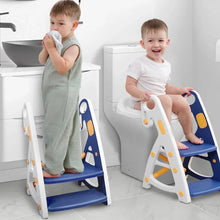 Blue potty training toilet seat with white ladder and non-slip steps, toddler using it
