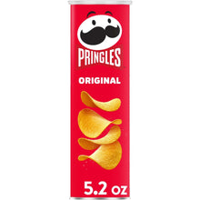 Potato crisps canister front with Pringles logo, Original text, and chip illustrations
