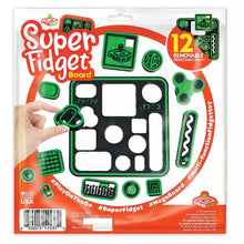 Fidget board package with black board and green attachments, 12 removable pieces