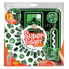 Super Fidget Board activity set in retail package with green fidget pieces pictured