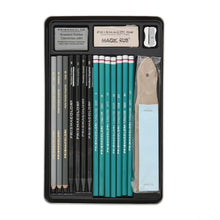Drawing set case with graphite pencils, colored pencils, and Magic Rub eraser block