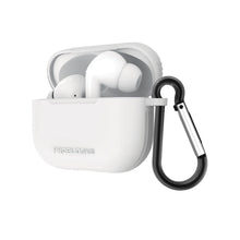 White charging case with true wireless earbuds and black metal carabiner clip