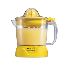 Electric citrus juicer with yellow base, clear pitcher, and domed reamer lid