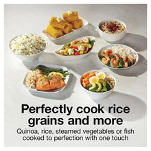 Rice cooker meals display with bowls of rice, quinoa, and vegetables