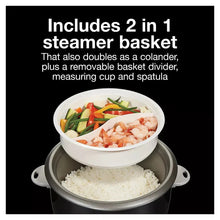 Rice cooker with steaming basket and colander insert holding shrimp and rice