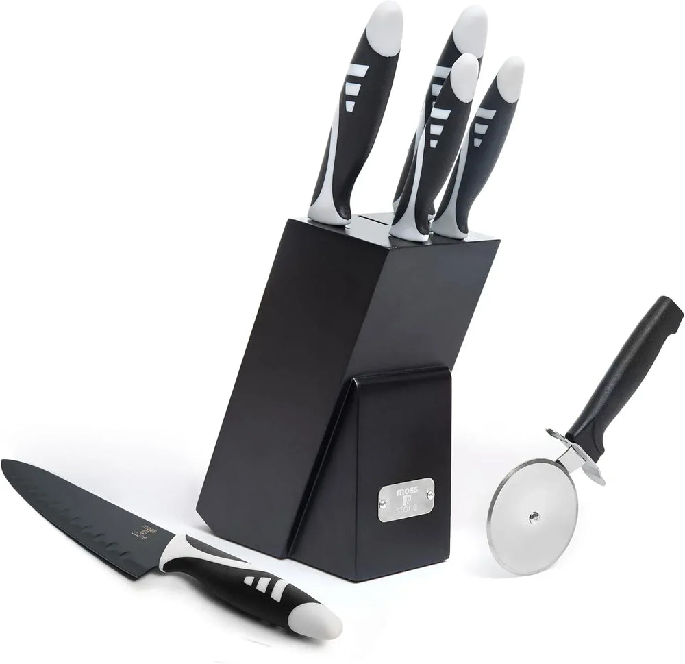 Moss & Stone Professional Kitchen Knife Chef Set, Small Knife Set With Block, Black Titanium Plated Kitchen Knife Set, Stainless Steel Scratch Resistant & Rust Proof Sharp Kitchen Knives. - USA MEGA SHOP