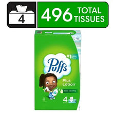 Green tissue box labeled Puffs Plus Lotion, showing 496 total tissues