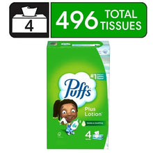Puffs Plus Lotion facial tissue box, green 4 family boxes, 496 tissues total