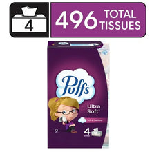 Purple facial tissue box showing Puffs Ultra Soft, family size packs