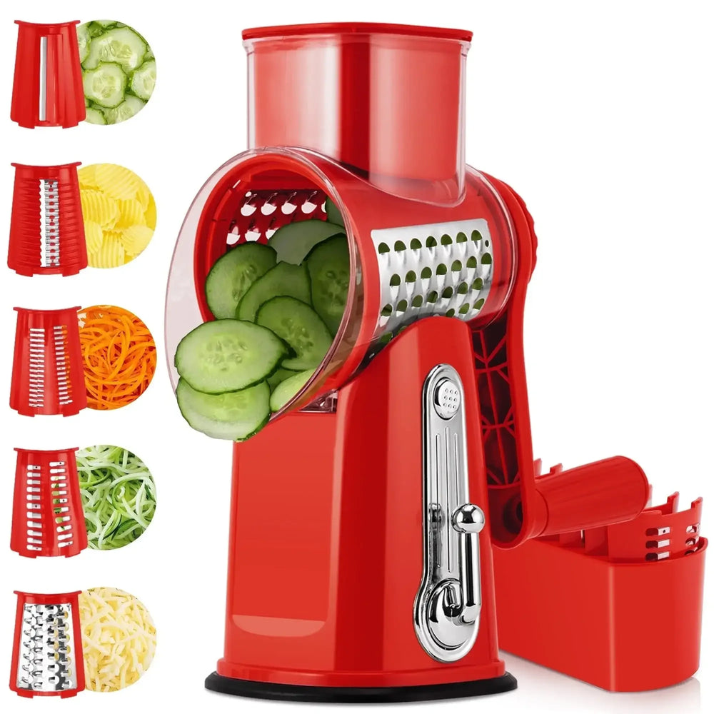 Pukomc Rotary Cheese Grater with Handle- 5 Blades, Suction Base, Mandoline Slicer & Veg Shredder with Blade Storage Box - USA MEGA SHOP