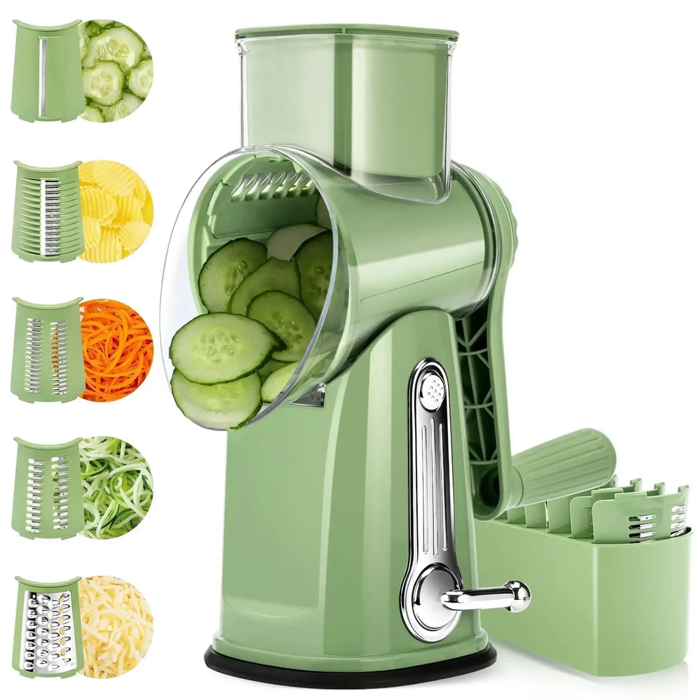 Pukomc Rotary Cheese Grater with Handle- 5 Blades, Suction Base, Mandoline Slicer & Veg Shredder with Blade Storage Box - USA MEGA SHOP