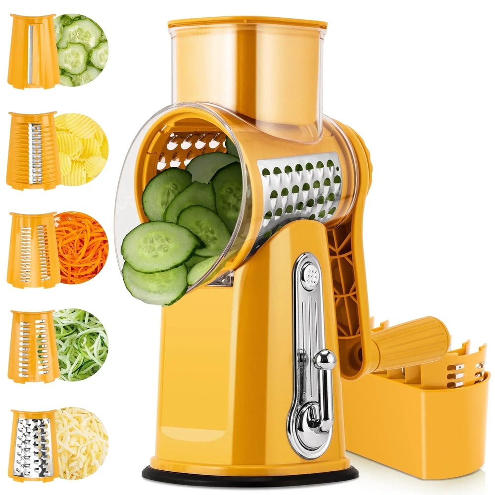Pukomc Rotary Cheese Grater with Handle- 5 Blades, Suction Base, Mandoline Slicer & Veg Shredder with Blade Storage Box - USA MEGA SHOP