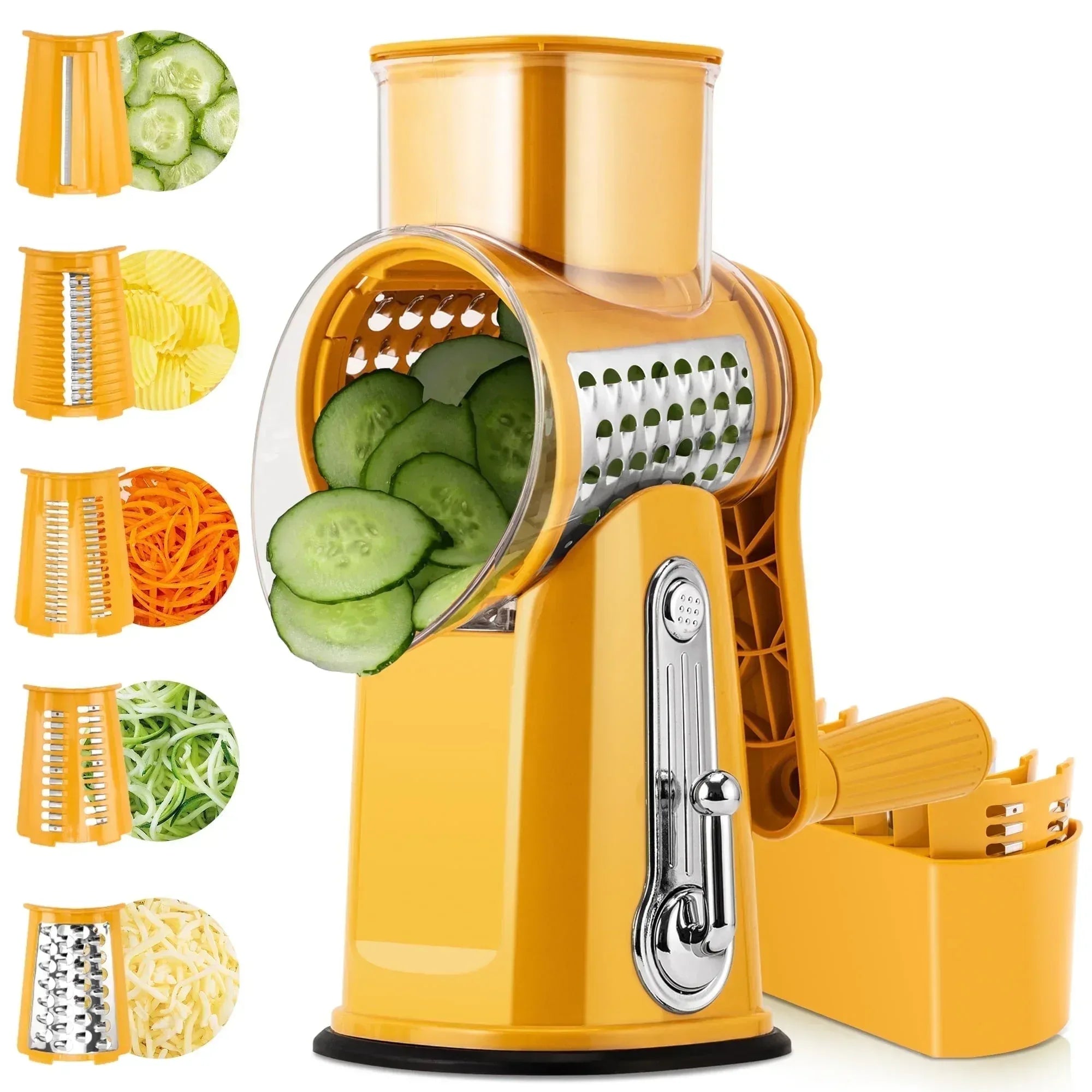 Pukomc Rotary Cheese Grater with Handle- 5 Blades, Suction Base, Mandoline Slicer & Veg Shredder with Blade Storage Box