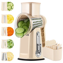Beige rotary cheese grater with suction base, 5-blade drum, and blade storage box