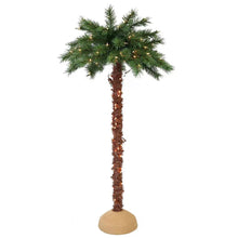 Lighted palm tree outdoor decoration with lit green fronds and brown trunk