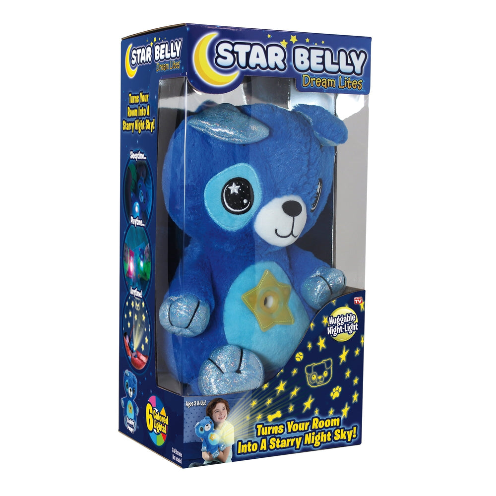 Blue huggable plush shark night light with star eyes, in retail box