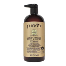 Biotin shampoo, purad'or pump bottle with beige label and black cap