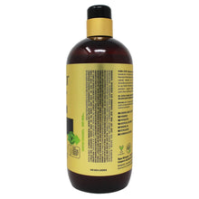 Shampoo bottle with black pump top, amber-brown plastic, yellow label panel