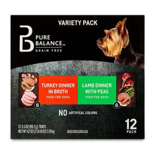 Pure Balance grain-free wet dog food variety pack, 12-count box with two tray varieties