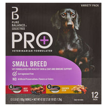 Small breed dog wet food variety pack box with black and purple design
