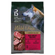 Dry dog food bag with Pure Balance Wild & Free grain-free red meat recipe label