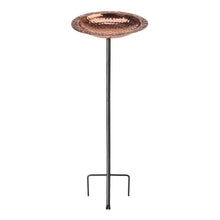 Copper standing bird bath with round hammered basin and tall pedestal base