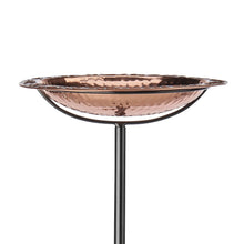 Copper standing bird bath with shallow hammered basin and central pedestal