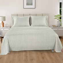 Striped bed sheet set with pillow shams and duvet cover, light gray pinstripes
