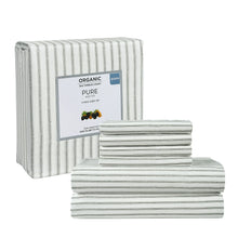 Folded striped sheet set stack with packaging, light gray and white pinstripes