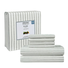 Folded striped queen sheet set, light gray pinstripes, with Pure Earth label